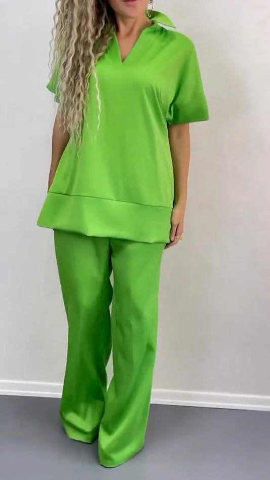 Ladies' Collar Solid Color Splicing Casual Set