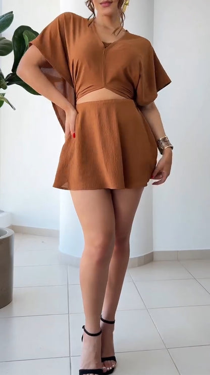 Ladies' Oblique Neck Solid Color Multiple Wearing Styles Top+ Skirt Casual Set