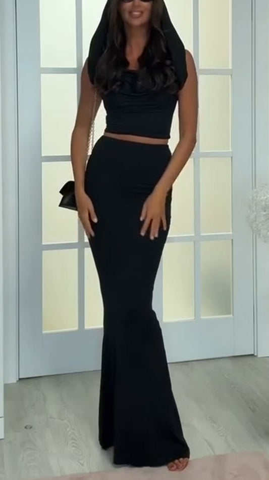 Ladies' Round Neck Solid Color Top+ Skirt with A Casual Temperament Suit