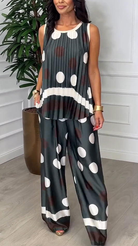 Ladies' Round Neck Polka Dot Pleated Top+ Pants Leisure Suit