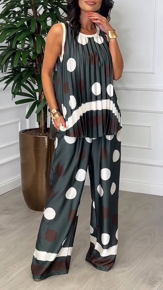 Ladies' Round Neck Polka Dot Pleated Top+ Pants Leisure Suit