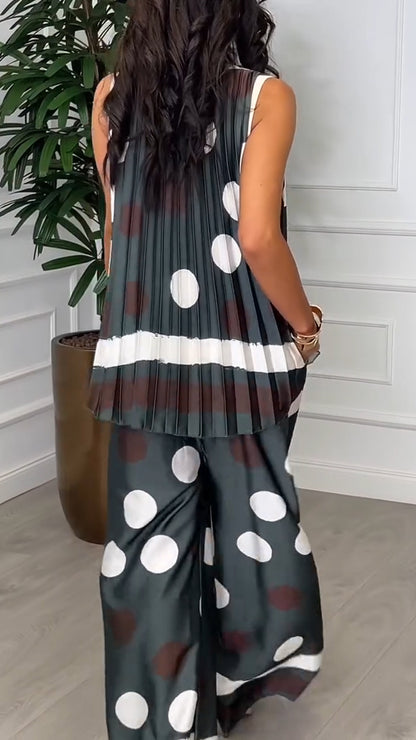 Ladies' Round Neck Polka Dot Pleated Top+ Pants Leisure Suit