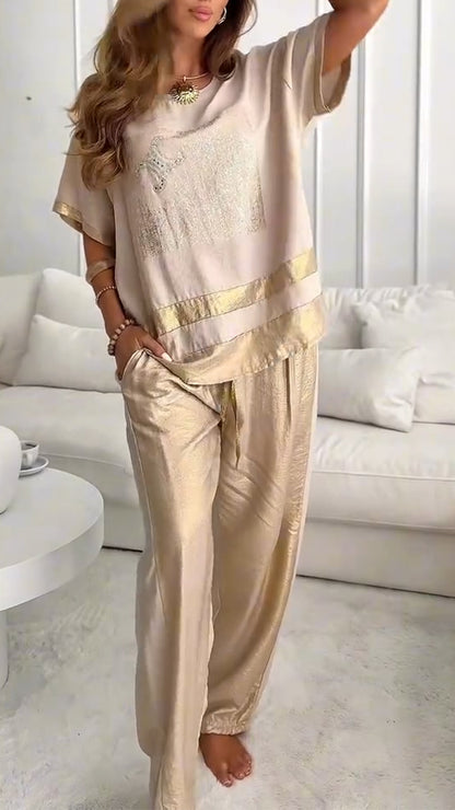Women's Round Neck Stitching Gold-stamping Casual Suit