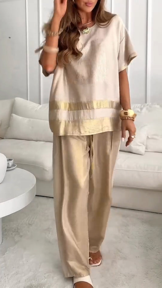 Women's Round Neck Stitching Gold-stamping Casual Suit