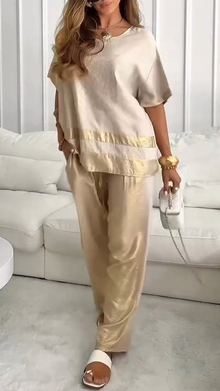 Women's Round Neck Stitching Gold-stamping Casual Suit