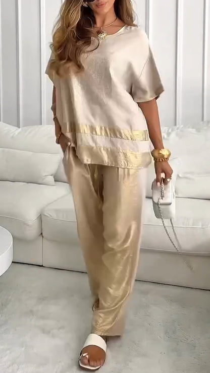 Women's Round Neck Stitching Gold-stamping Casual Suit