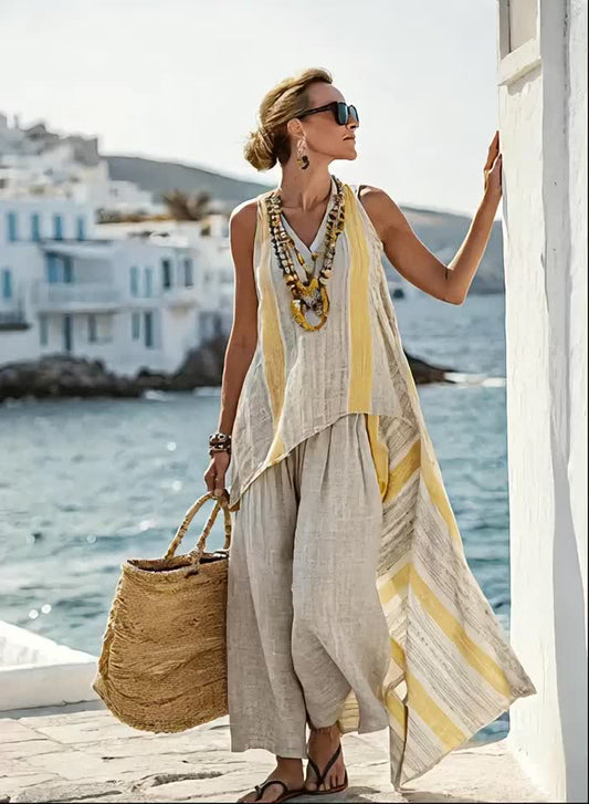 Women Summer Chic Loose Striped Pants Suit