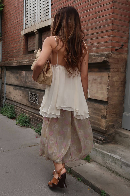 Women's Casual Vacation V-neck Camisole Vintage Print Loose Pants Set