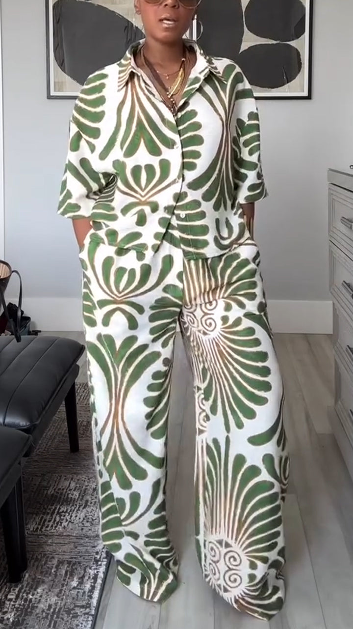 Ladies' Collar Printed Top + Pants Casual Set
