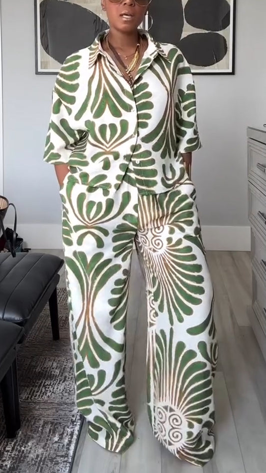 Ladies' Collar Printed Top + Pants Casual Set