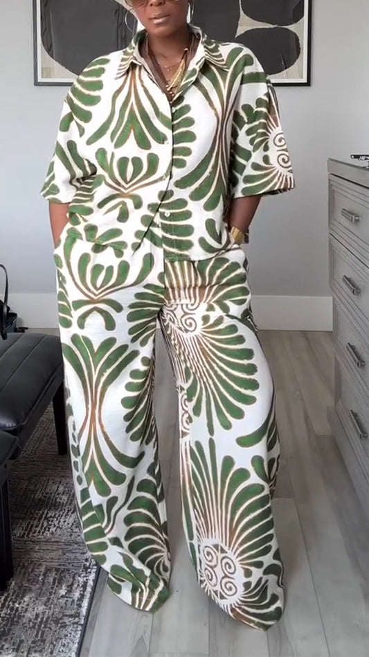 Ladies' Collar Printed Top + Pants Casual Set
