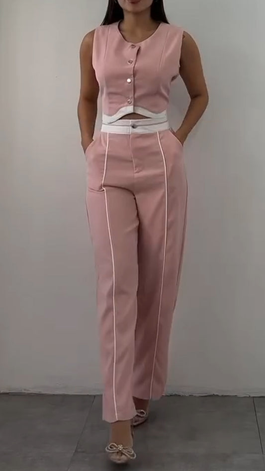 Ladies' Round Neck Short Top+ Pants with A Casual Temperament Suit