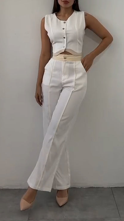 Ladies' Round Neck Short Top+ Pants with A Casual Temperament Suit