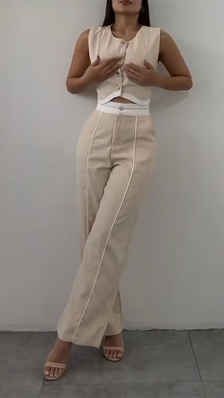 Ladies' Round Neck Short Top+ Pants with A Casual Temperament Suit