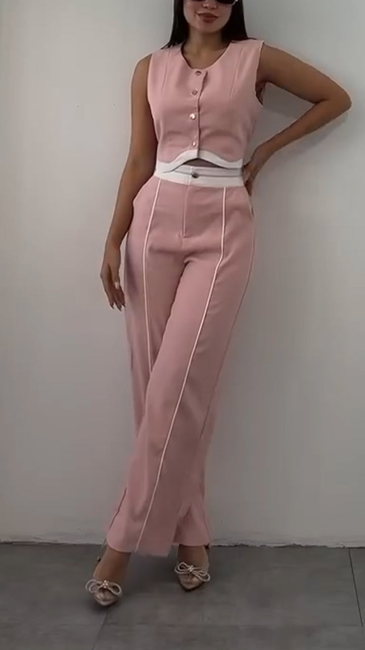 Ladies' Round Neck Short Top+ Pants with A Casual Temperament Suit