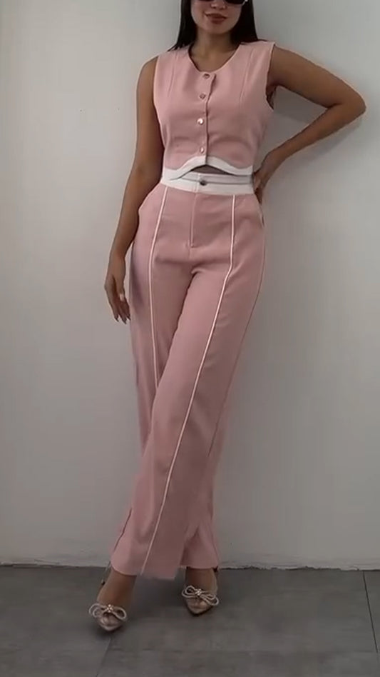 Ladies' Round Neck Short Top+ Pants with A Casual Temperament Suit