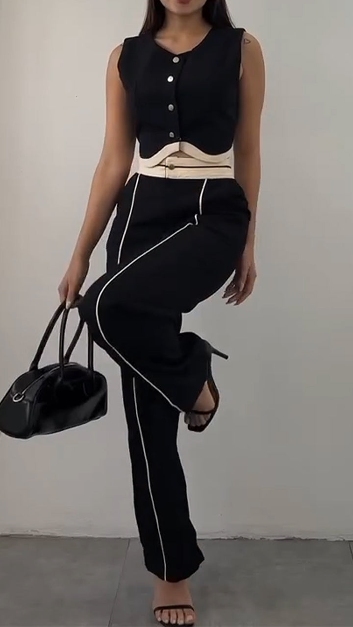 Ladies' Round Neck Short Top+ Pants with A Casual Temperament Suit
