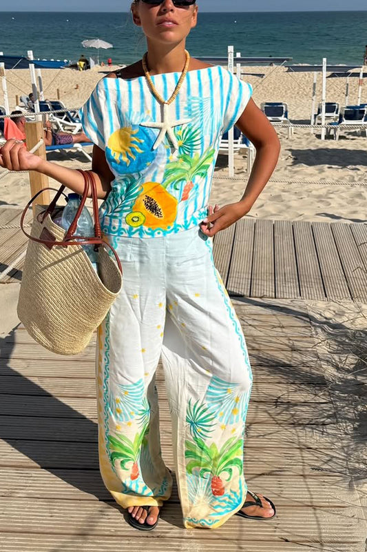 Ladies' One Word Collar Printed Top + Pants Vacation Play Style Casual Set