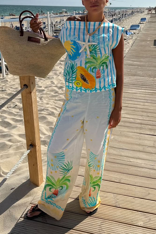 Ladies' One Word Collar Printed Top + Pants Vacation Play Style Casual Set