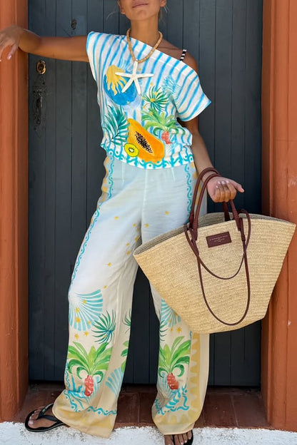 Ladies' One Word Collar Printed Top + Pants Vacation Play Style Casual Set