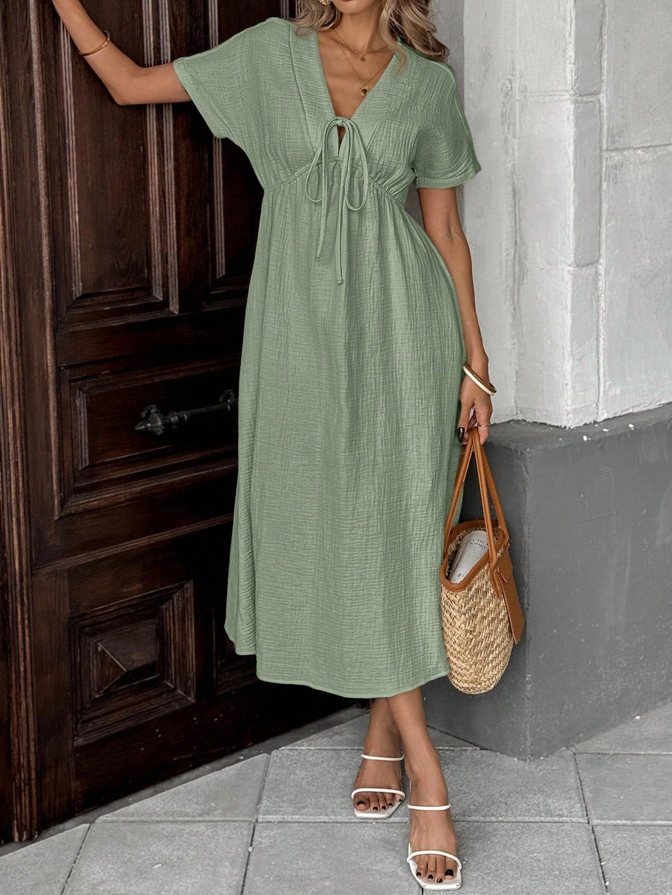 Casual bow-tie short-sleeved dress - BundleWear