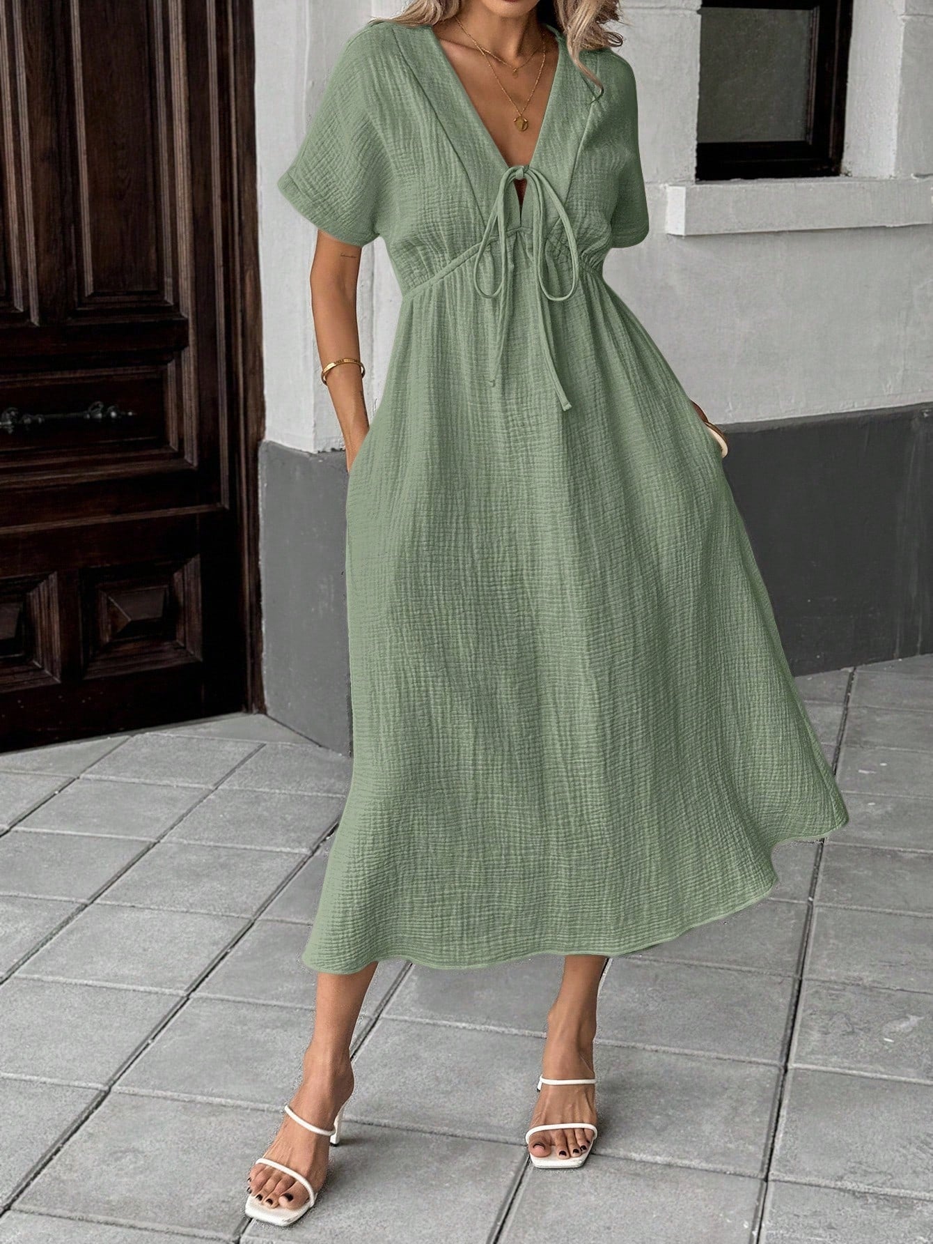 Casual bow-tie short-sleeved dress - BundleWear