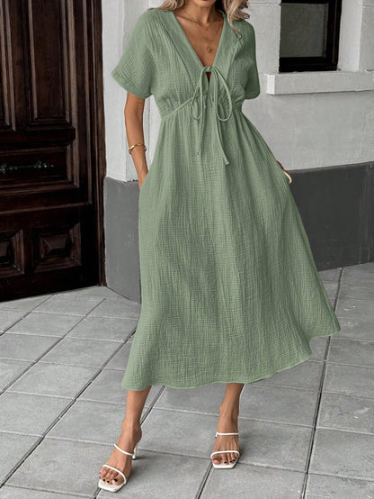 Casual bow-tie short-sleeved dress - BundleWear