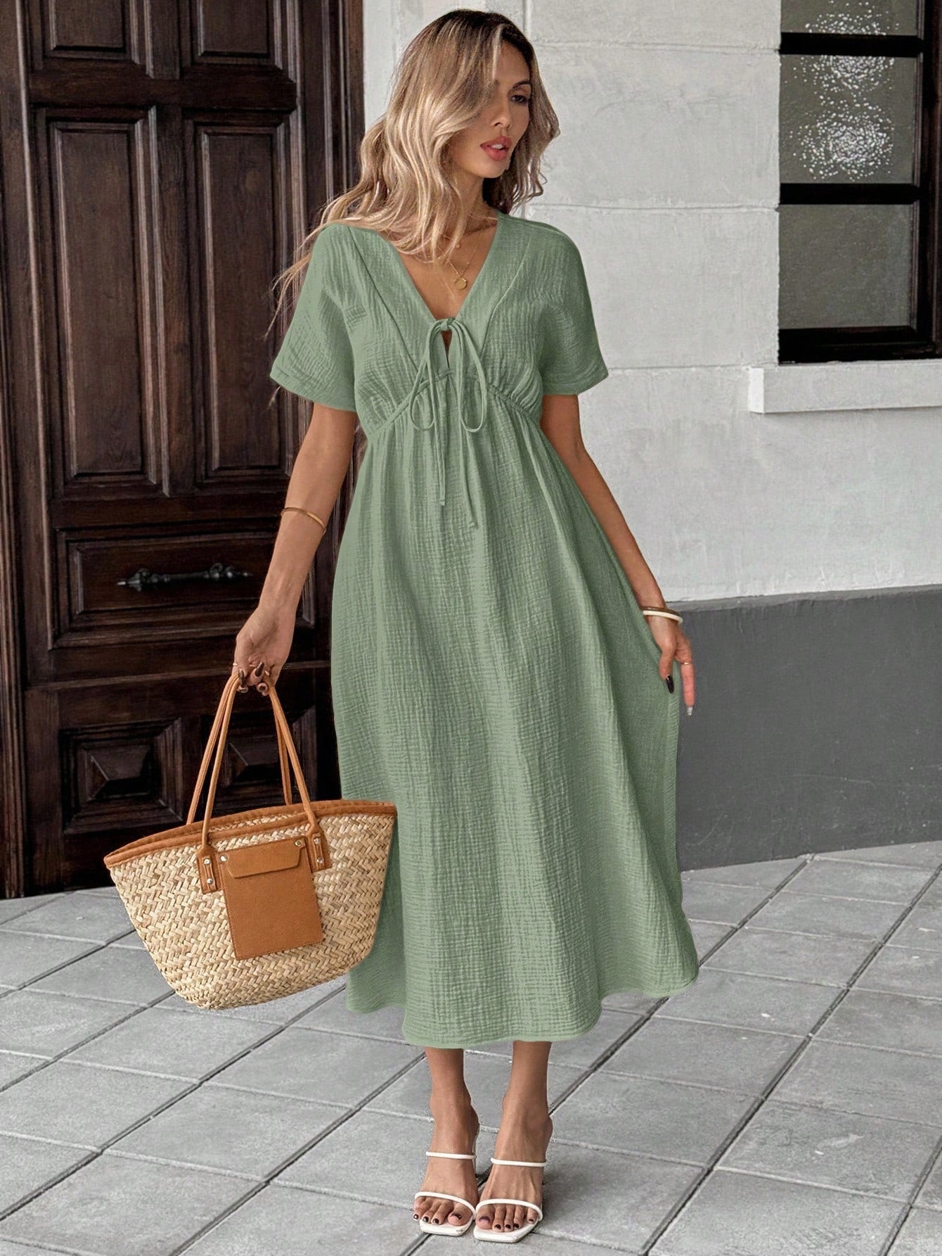 Casual bow-tie short-sleeved dress - BundleWear