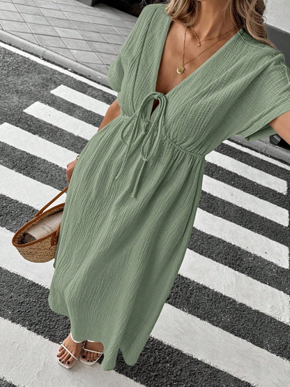 Casual bow-tie short-sleeved dress - BundleWear