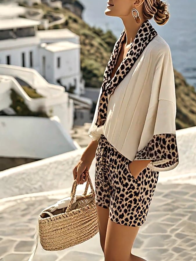 Ladies' V-neck Patchwork Leopard Print Casual Set