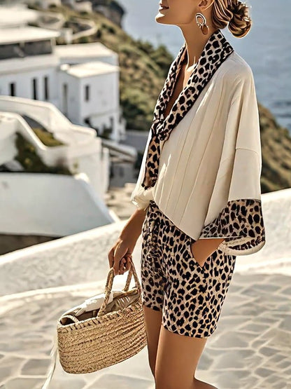 Ladies' V-neck Patchwork Leopard Print Casual Set
