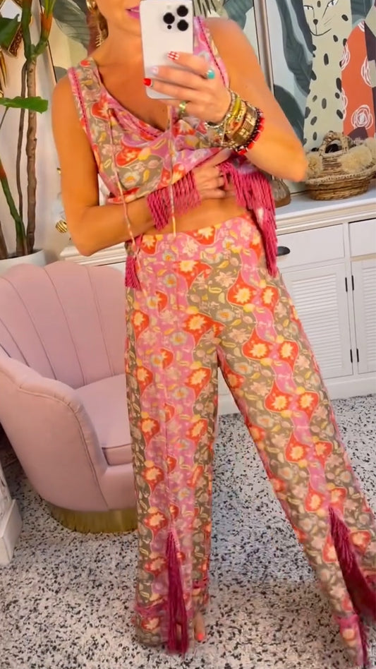 Women's V-neck Printed Hollow Stitching Tassel Slit Casual Suit