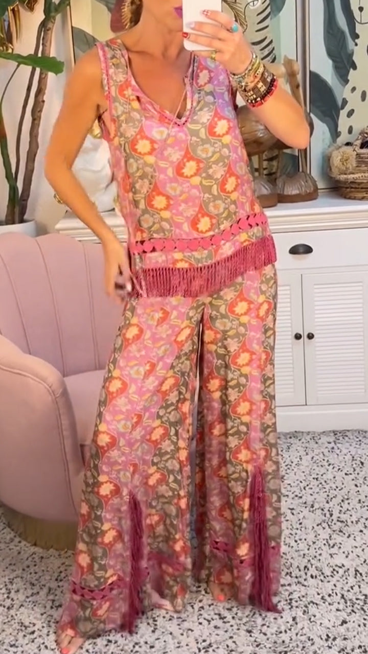 Women's V-neck Printed Hollow Stitching Tassel Slit Casual Suit