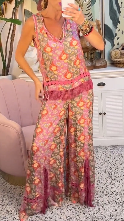 Women's V-neck Printed Hollow Stitching Tassel Slit Casual Suit