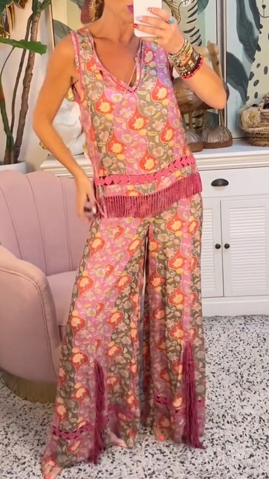 Women's V-neck Printed Hollow Stitching Tassel Slit Casual Suit