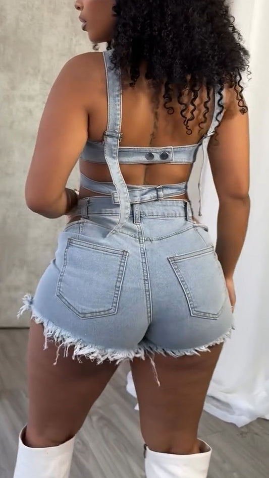 Women's Y2k Sexy Denim Top and Cutout Shorts Set