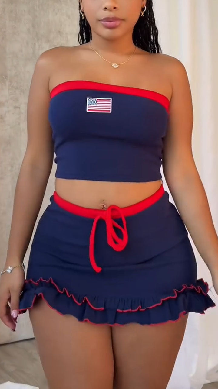 Women's Spring/Summer Sportswear American Flag Tube Top and Skirt Set