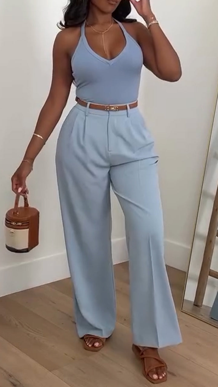 Ladies' Neck Hanging Solid Color Top+Pants Casual Set