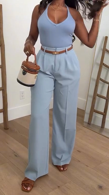 Ladies' Neck Hanging Solid Color Top+Pants Casual Set