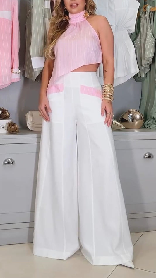 Ladies' Round Neck Hollow Irregular Top+ Pants Casual Suit