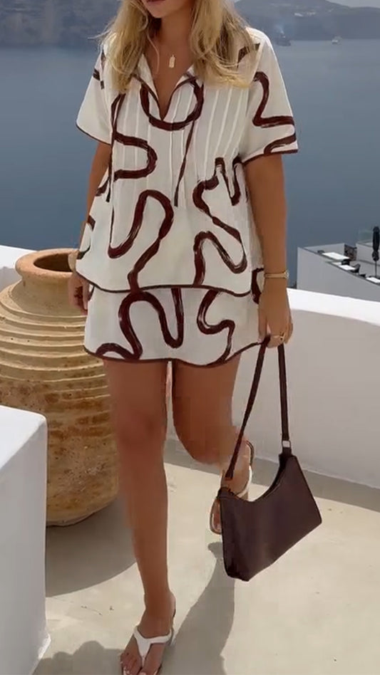 Ladies' Collar Patterned Top+ Skirt Casual Set