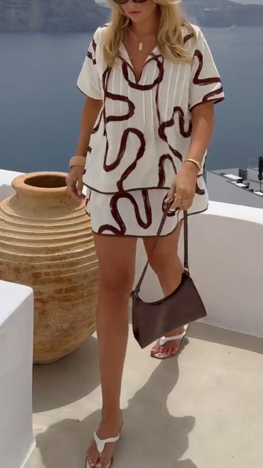 Ladies' Collar Patterned Top+ Skirt Casual Set