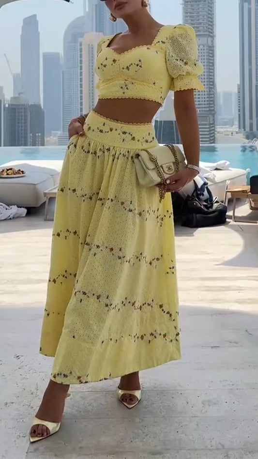 Ladies' Square Collar Printed Top+ Skirt Elegant Casual Set