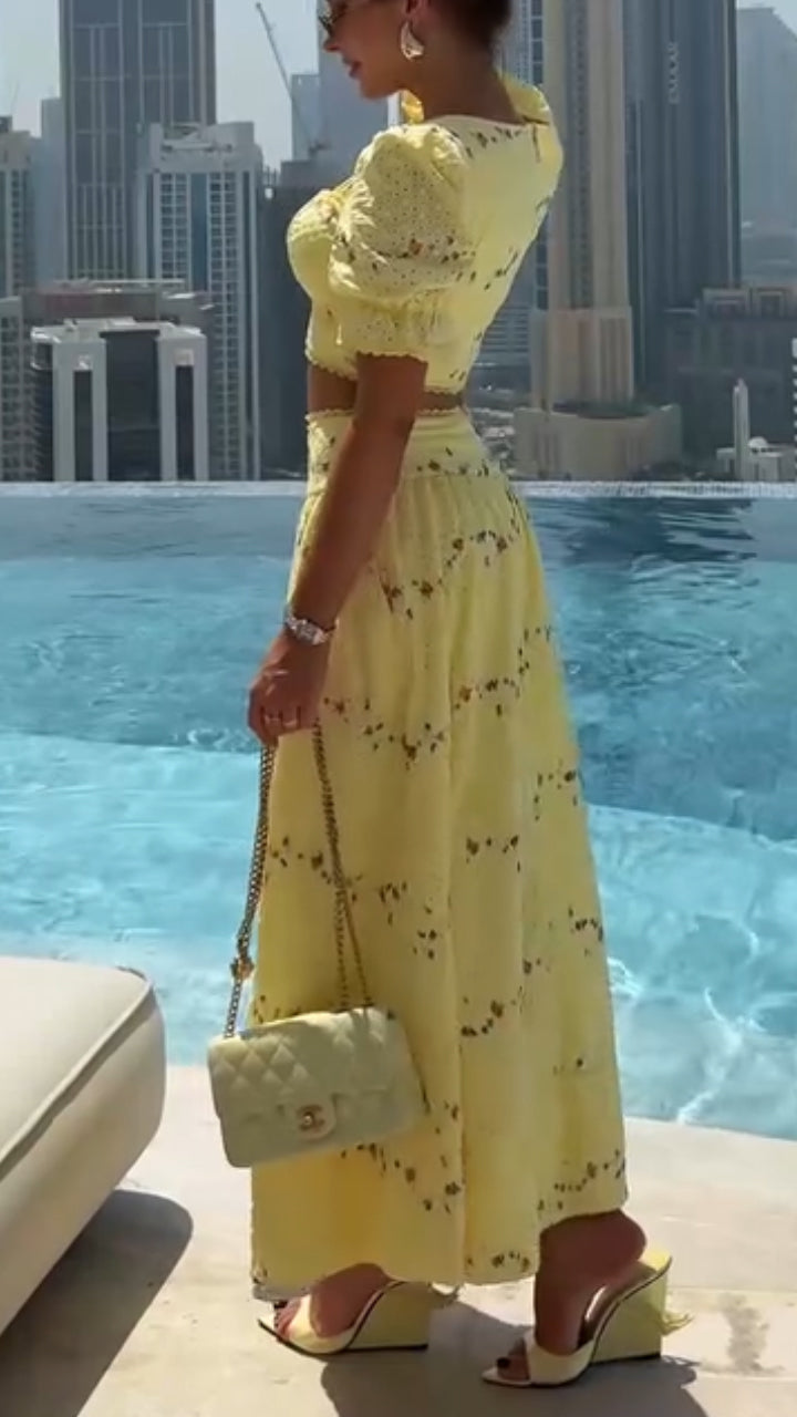 Ladies' Square Collar Printed Top+ Skirt Elegant Casual Set