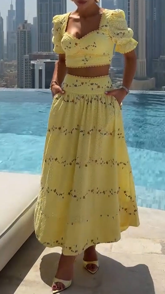 Ladies' Square Collar Printed Top+ Skirt Elegant Casual Set
