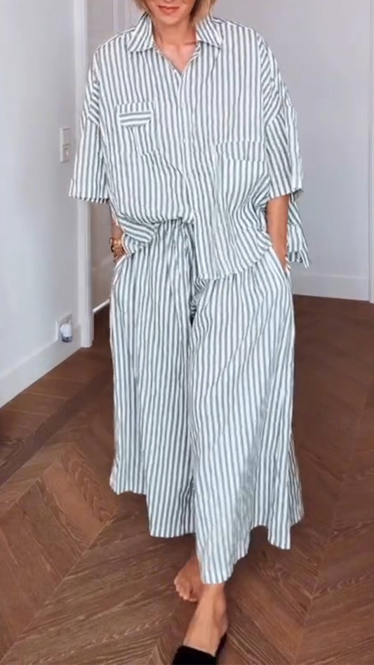 Ladies' Collar Vertical Striped Shirt+ Pants Casual Set
