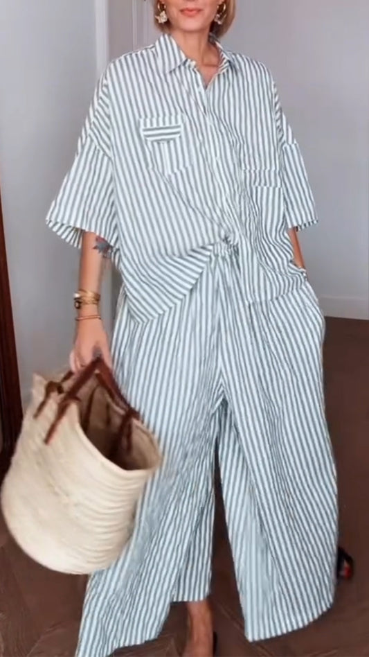 Ladies' Collar Vertical Striped Shirt+ Pants Casual Set