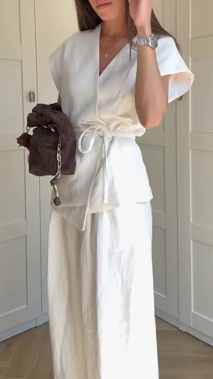 Ladies' V-neck Waist Cinched Top+ Pants Solid Color Temperament Casual Suit