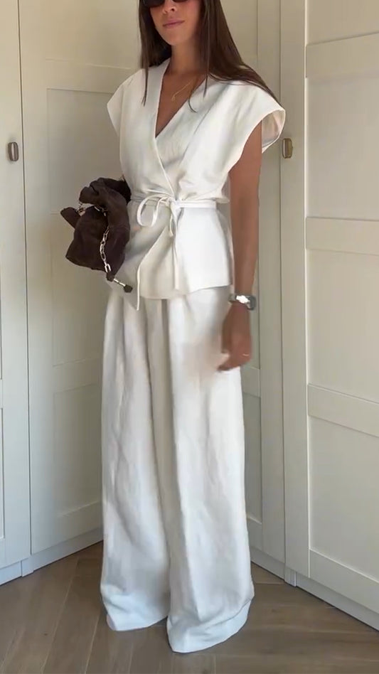 Ladies' V-neck Waist Cinched Top+ Pants Solid Color Temperament Casual Suit