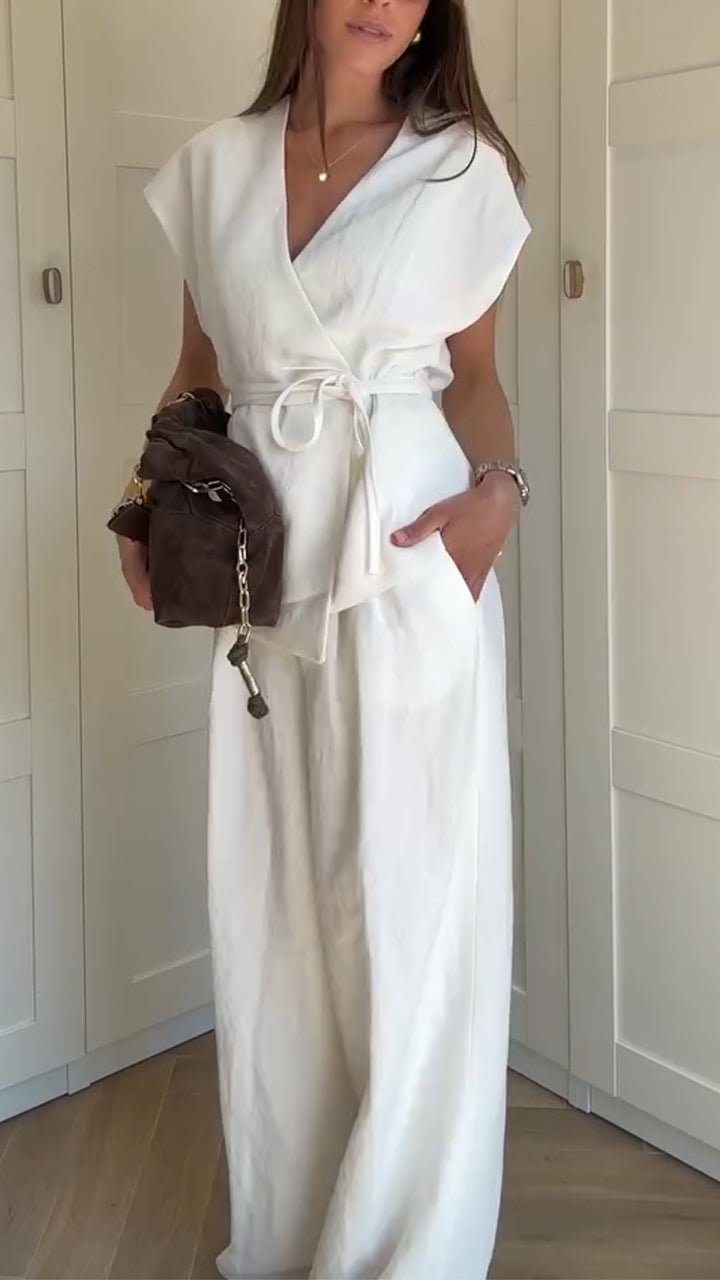 Ladies' V-neck Waist Cinched Top+ Pants Solid Color Temperament Casual Suit